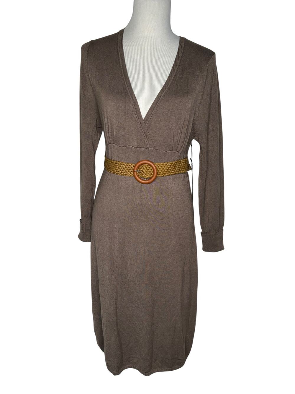 Vertigo Paris Faux Wrap Knit Dress with Belt NWT Sz Large Mocha Color